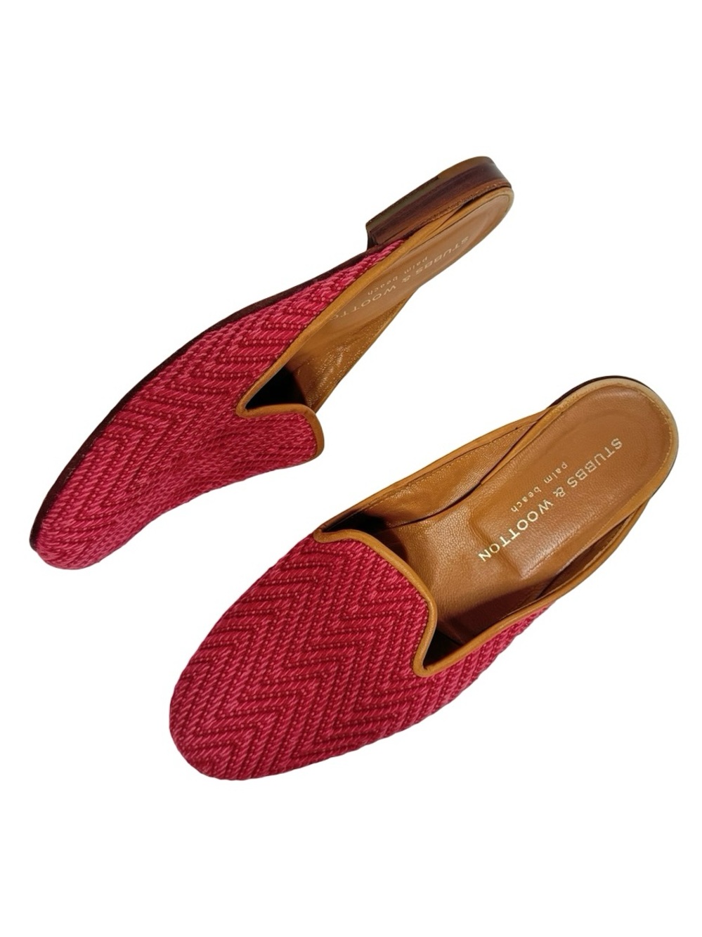 Stubbs & Wootton | Pink Raffia Herringbone Flat Slide Mules 8.5